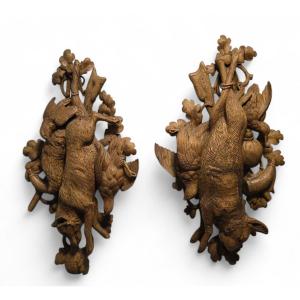 Pair Of Carved Hunting Trophies From The Black Forest (19th Century)