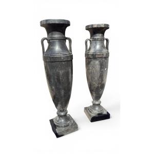 Pair Of Large Black Marble Vases In The Greek Style, 20th Century