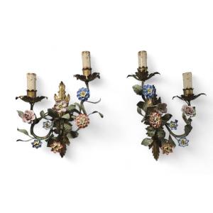 Pair Of 1950s Wall Sconces With Porcelain Flowers