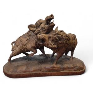 Carving Of Two Warthogs, Black Forest, 19th Century