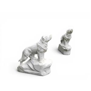 Pair Of White Marble Dog Sculptures, Italy, 1980s