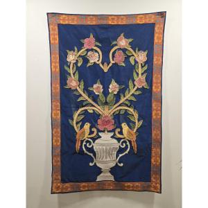 Large Floral And Bird-themed Tapestry From The Early 20th Century Featuring A Classical Urn