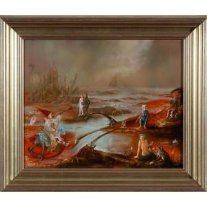 Tomasz Steifer (1955–2015) – Surrealist Landscape With Figures, Oil On Panel