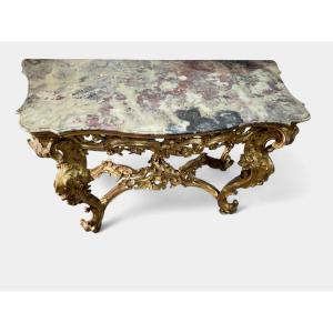 18th-century Italian Console Table In Gilded Wood With A Marble Top