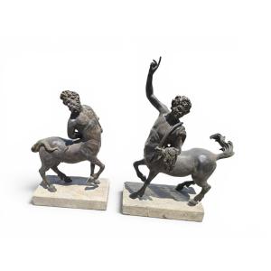 Pair Of Patinated Bronze Centaur Sculptures On Marble Bases, First Half Of The 20th Century 