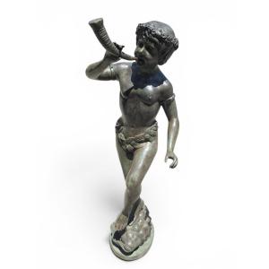 Patina-finished Bronze Sculpture Depicting A Boy Blowing A Horn, Italy, De