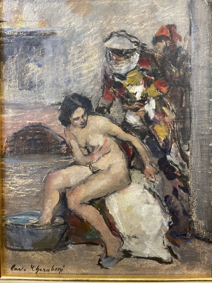 Dipinto "Nudo femminile e figure in maschera a Venezia", Carlo CHERUBINI anni ’50-photo-1
