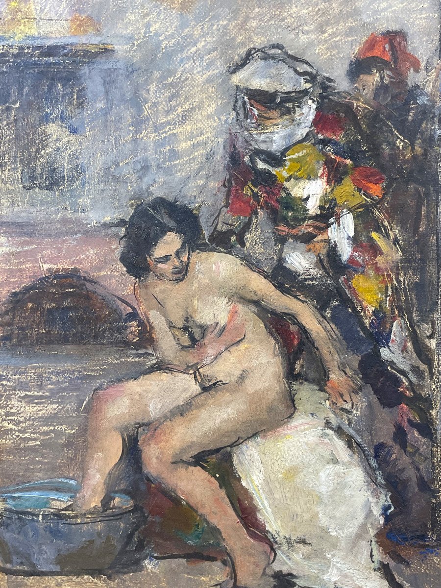 Dipinto "Nudo femminile e figure in maschera a Venezia", Carlo CHERUBINI anni ’50-photo-2