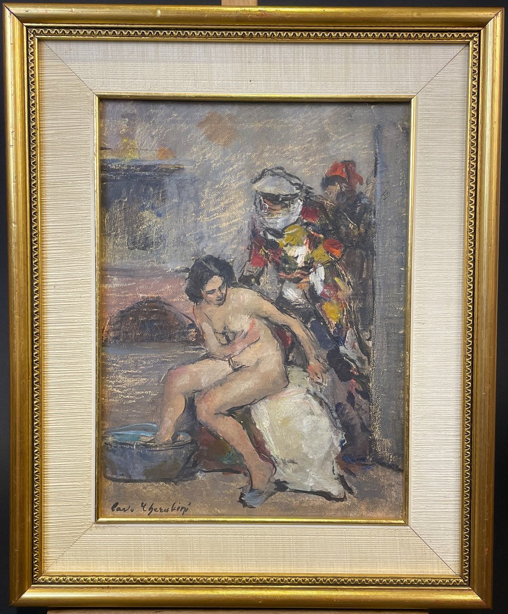 Dipinto "Nudo femminile e figure in maschera a Venezia", Carlo CHERUBINI anni ’50