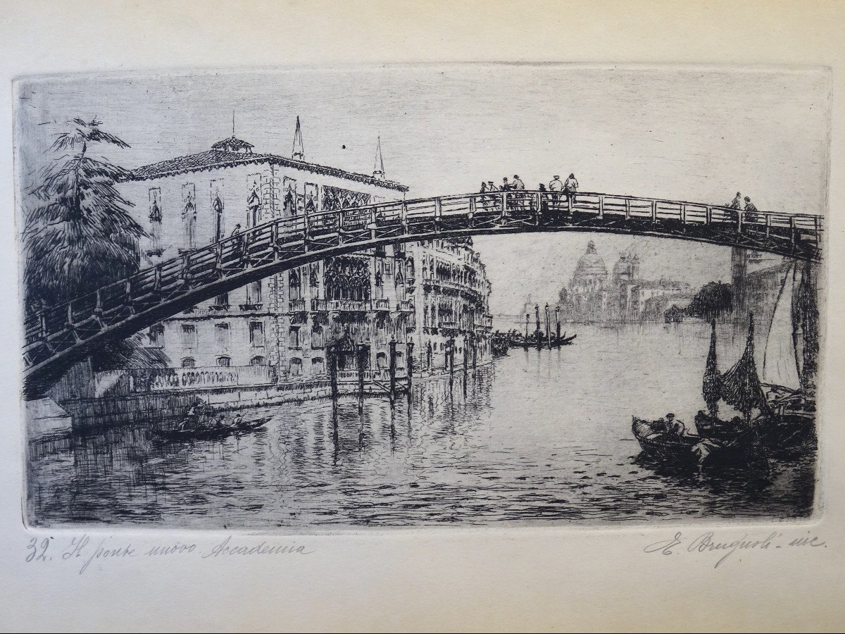 Incisione "Il ponte nuovo Accademia" di Emanuele Brugnoli, anni ’20