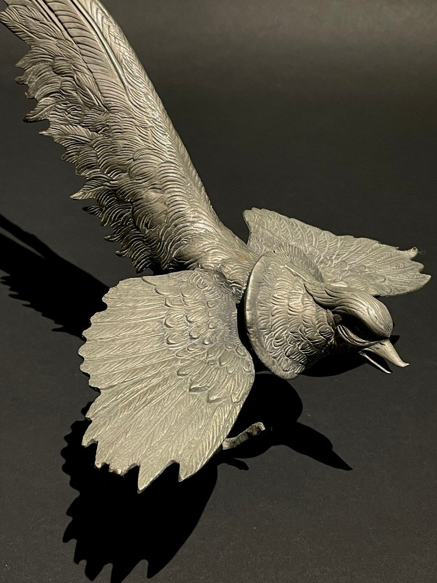 Coppia di sculture in metallo raffiguranti uccelli mitologici, Francia fine XIX secolo-photo-1