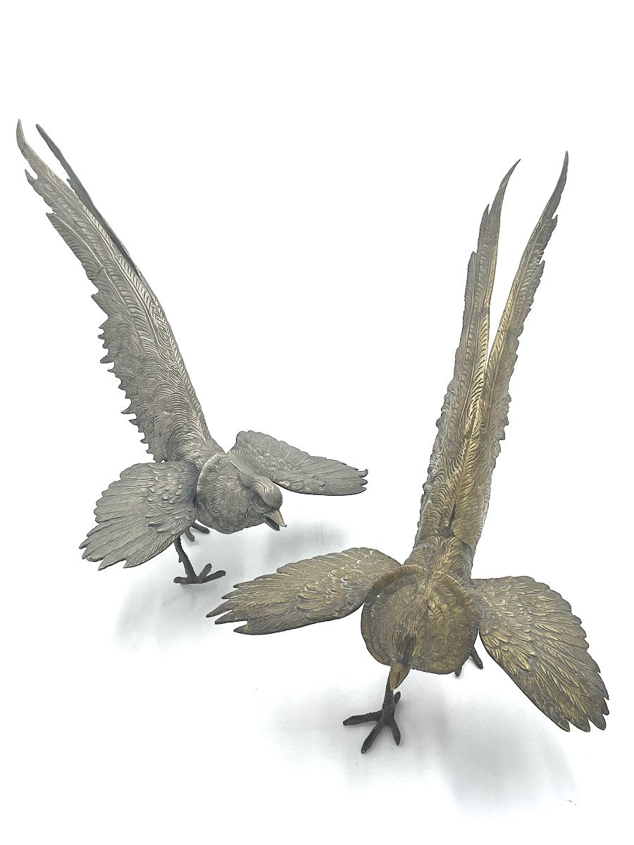 Coppia di sculture in metallo raffiguranti uccelli mitologici, Francia fine XIX secolo