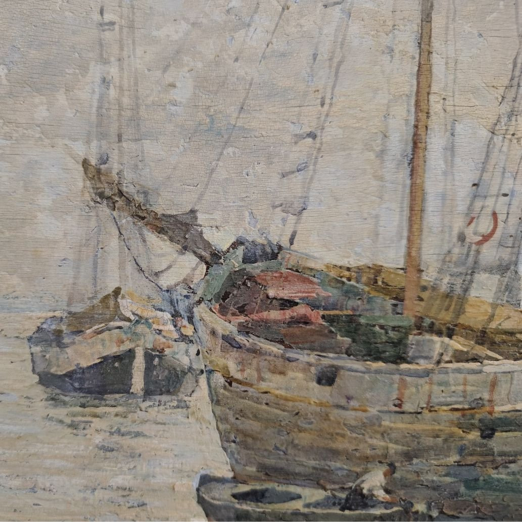 Olio su tavola, Angelo Pavan "Marina: Veliero in riposo", 1942-photo-2
