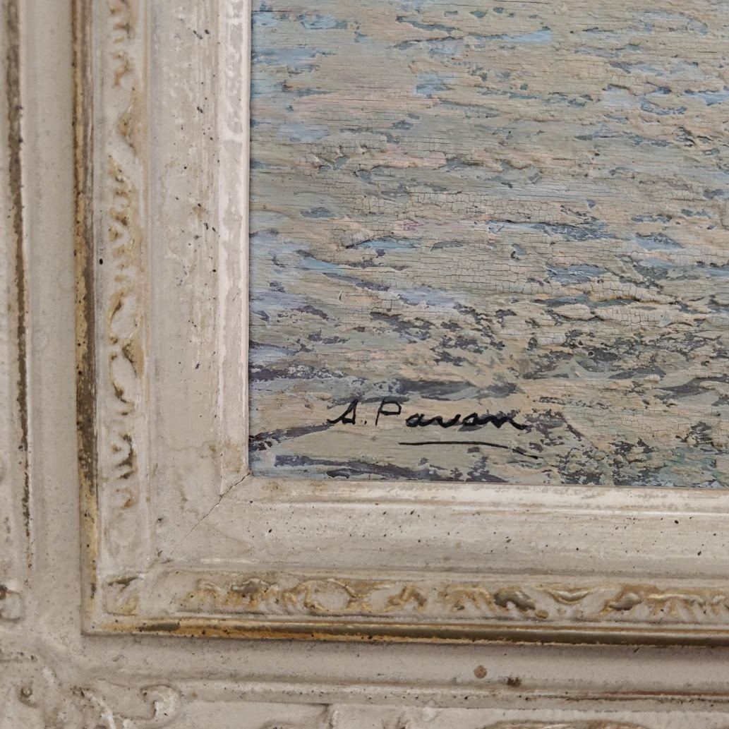 Olio su tavola, Angelo Pavan "Marina: Veliero in riposo", 1942-photo-3
