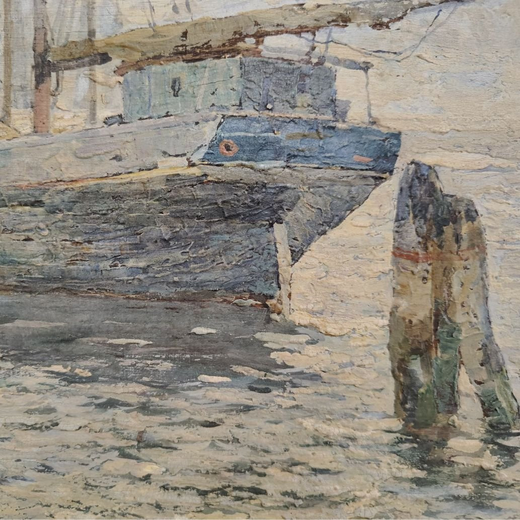 Olio su tavola, Angelo Pavan "Marina: Veliero in riposo", 1942-photo-4