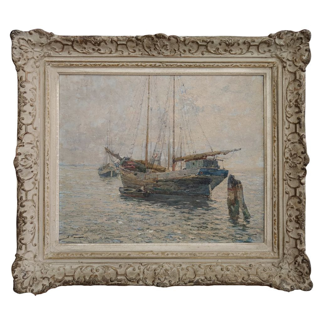 Olio su tavola, Angelo Pavan "Marina: Veliero in riposo", 1942
