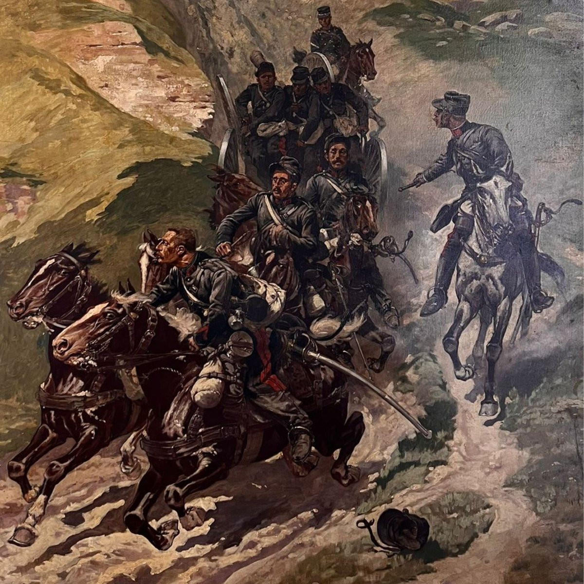 Eugène Courboin, "Scena di battaglia con cavalli e cavalieri", olio su tela, 1894-photo-3