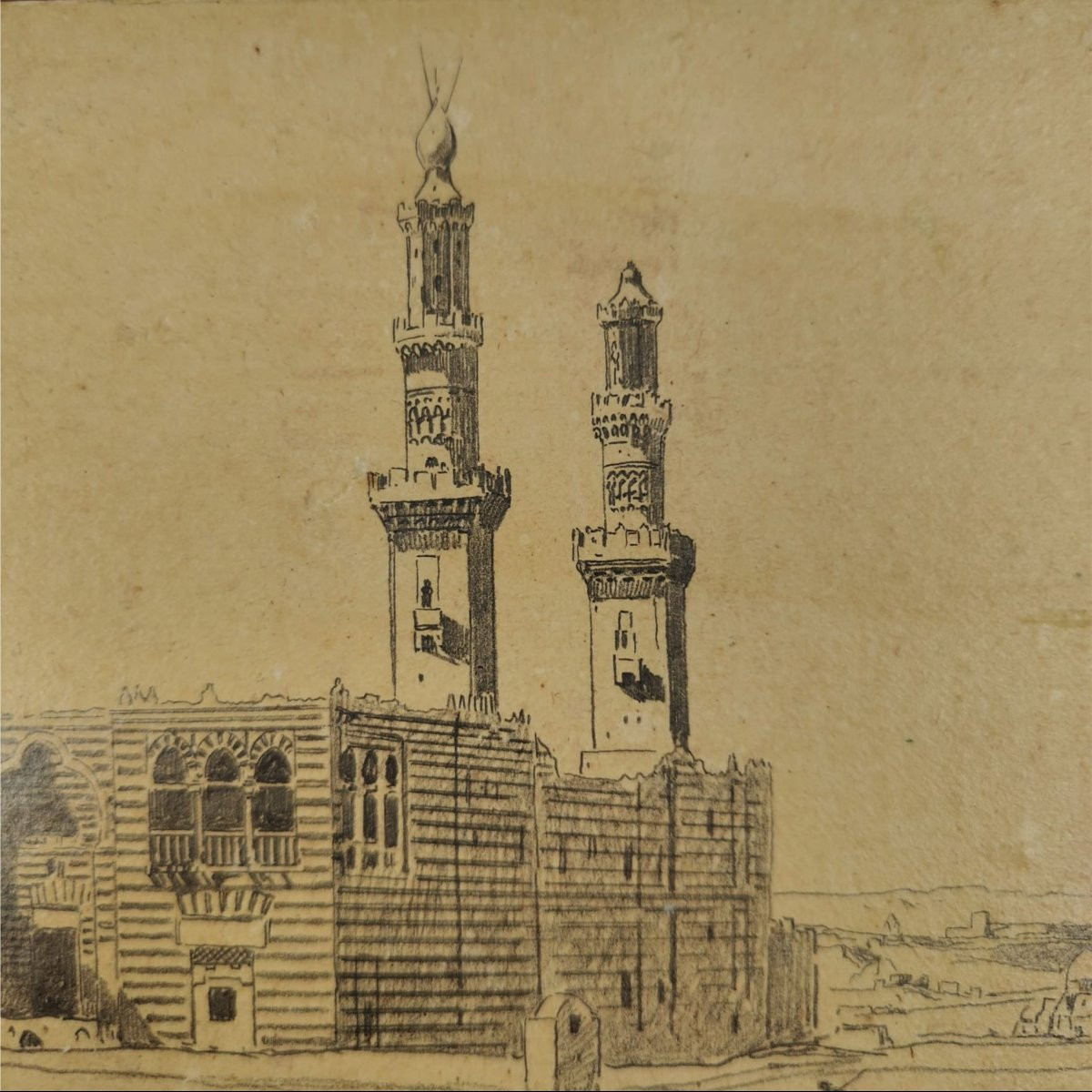 Alberto Pasini – Tombe dei Califfi al Cairo, Disegno Orientalista firmato (1860/70 ca.)-photo-3