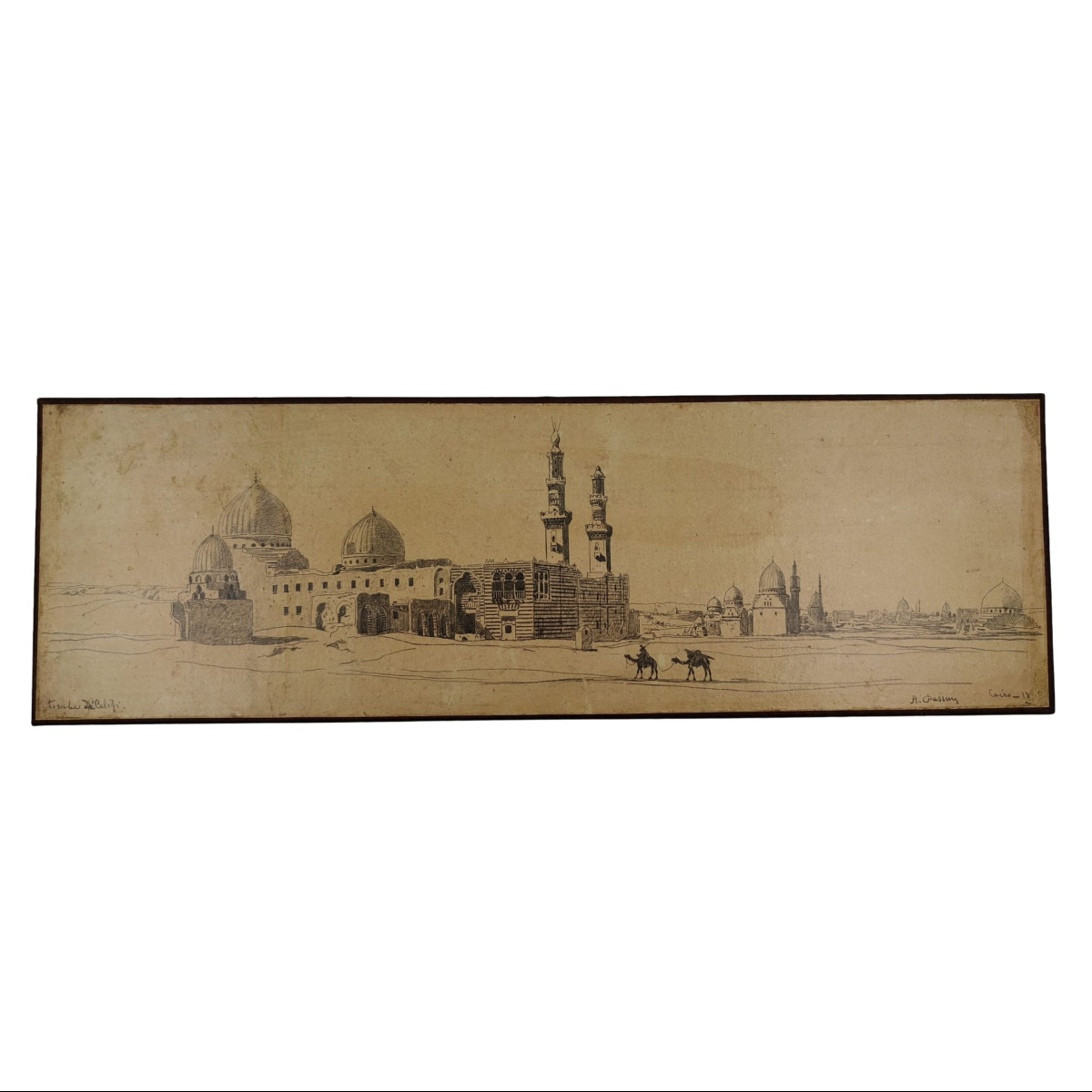 Alberto Pasini – Tombe dei Califfi al Cairo, Disegno Orientalista firmato (1860/70 ca.)