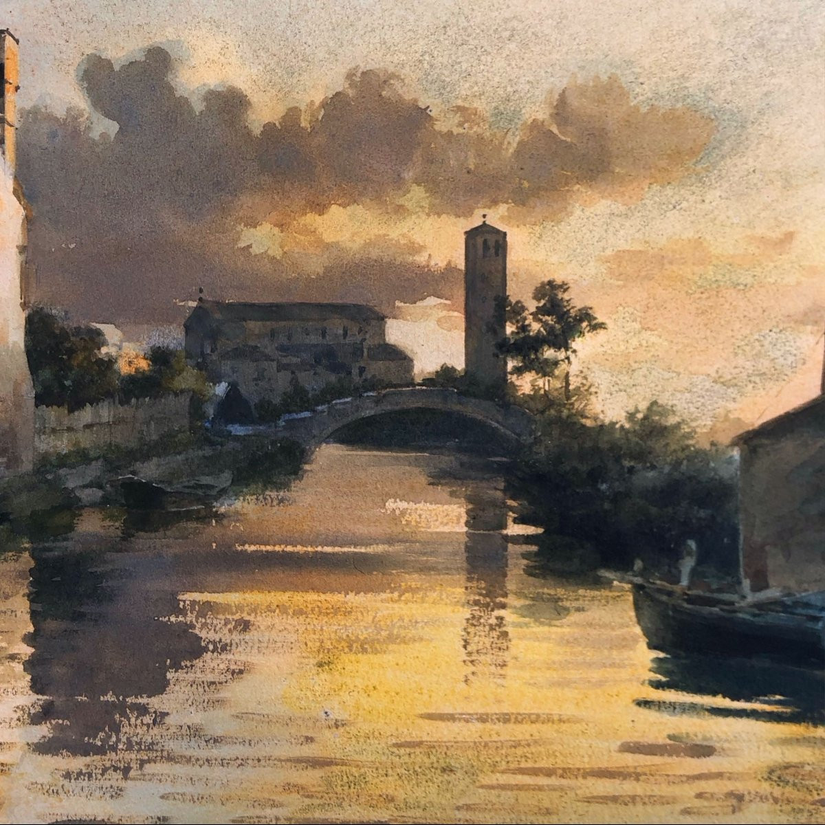 Acquerello "Isola di Torcello con Ponte del Diavolo", Alberto Prosdocimi, inizio '900-photo-4