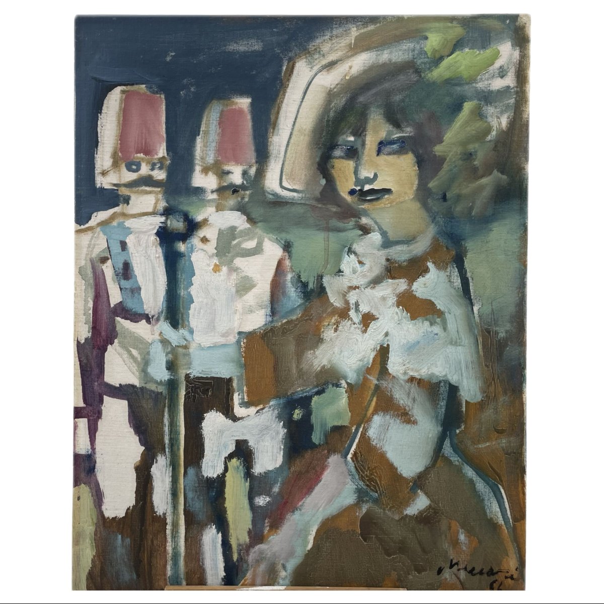Olio su tela applicata su tavola di Mino Maccari, “Signorina”, 1966