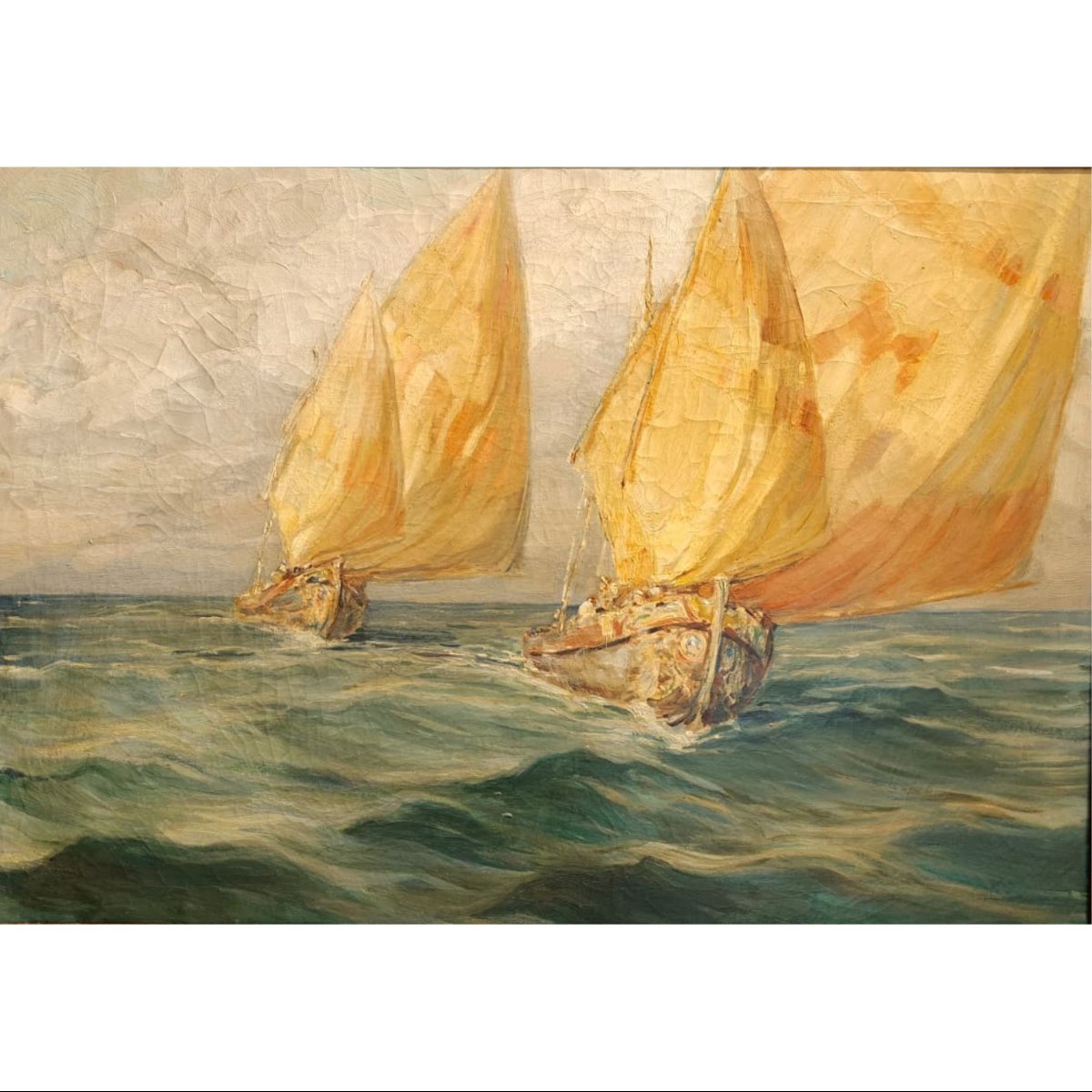 Angelo Brombo, olio su tela, Due Velieri Bragozzi al largo, 1920 ca-photo-3