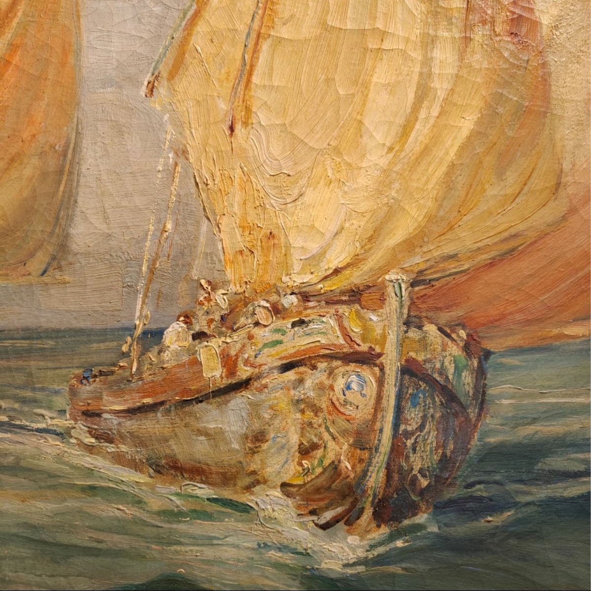 Angelo Brombo, olio su tela, Due Velieri Bragozzi al largo, 1920 ca-photo-1