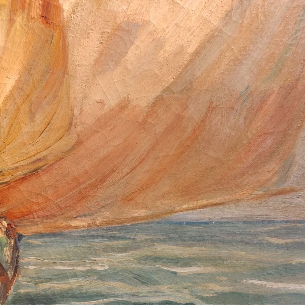 Angelo Brombo, olio su tela, Due Velieri Bragozzi al largo, 1920 ca-photo-3