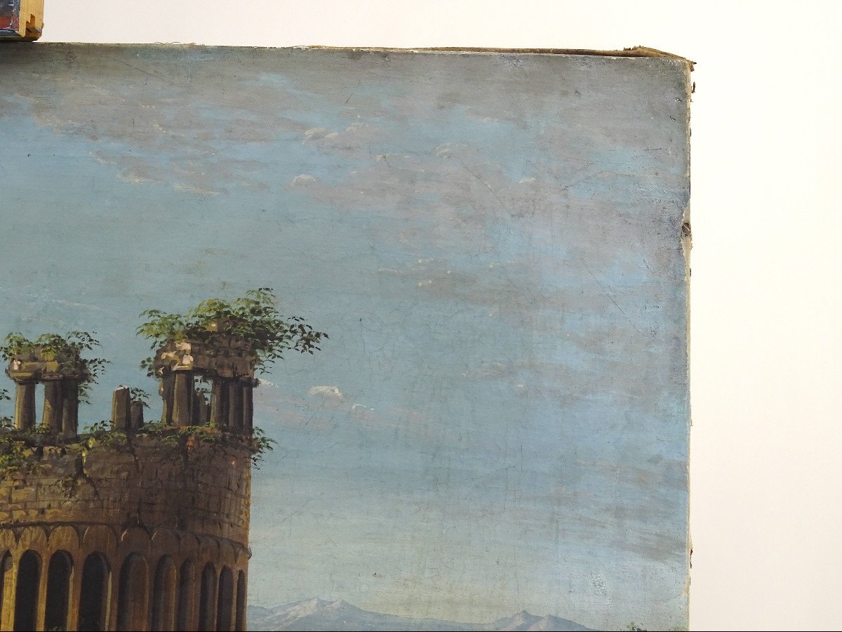 "Porte des ruines du palais de Dioclétien à Split", tempera sur toile, F. Migliari XIXe siècle-photo-1