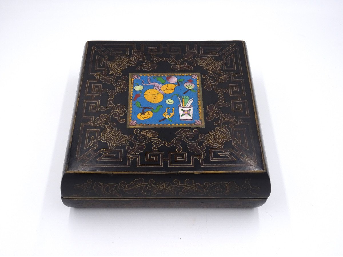 Set di due scatole cinesi con decorazioni cloisonné, anni 1940-1950-photo-4