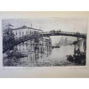 Incisione "Il ponte nuovo Accademia" di Emanuele Brugnoli, anni ’20