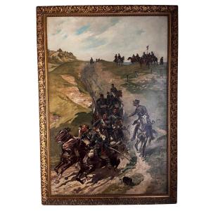 Eugène Courboin, "Scena di battaglia con cavalli e cavalieri", olio su tela, 1894