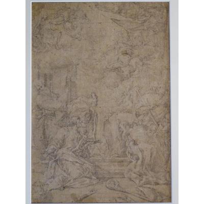 Crayon Sur Papier Attribué à Sebastiano Ricci - Assomption Et Couronnement De La Vierge
