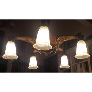 Chandelier In Bronze, Wood And Molded Pressed Glass By P.maynadier