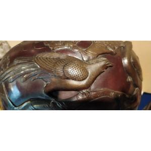 Large Cache Pot Meiji Period In Bronze Decorated With Birds Japan 19th