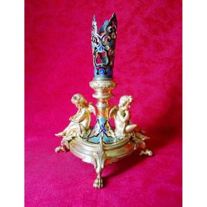Gilded Bronze And Cloisonné Candle Holder