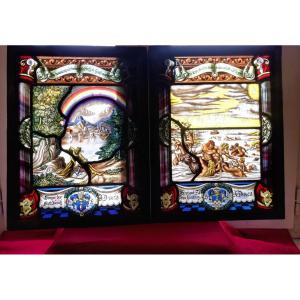 Two Framed Stained Glass Windows 
