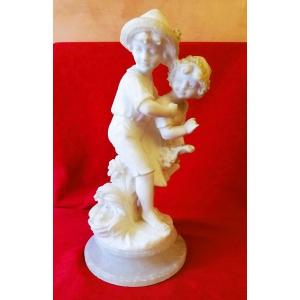 Statue Of Two Children, Marble And Alabaster 