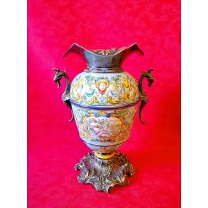 Decorative Porcelain Vase, Mounted In Silver-plated Metal 