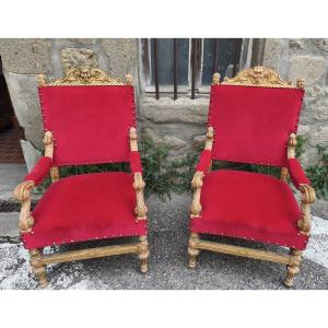 Pair Of Louis XIV Style Gilded Ceremonial Armchairs