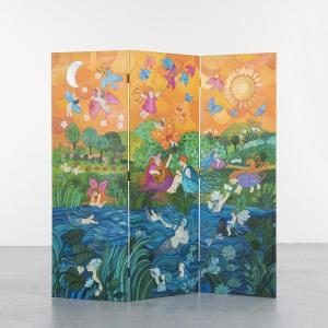 Bucolic Hand Painted Screen By Girofla, France, Circa 1990