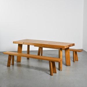 Larch Table And Benches By Christian Durupt, Circa 1960 