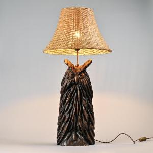  Carved Wood Owl Table Lamp By Beal, Circa 1970 