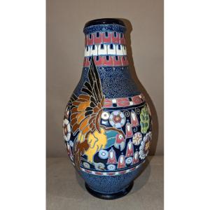 Amphora. Large Ovoid Ceramic Vase With Polychrome Enameled Cover (parrot)