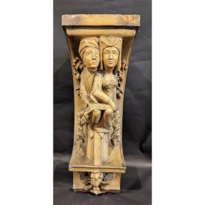 Emile Muller (1823-1889) Large Wall-mounted Console Table In Sandstone With Medieval Figures