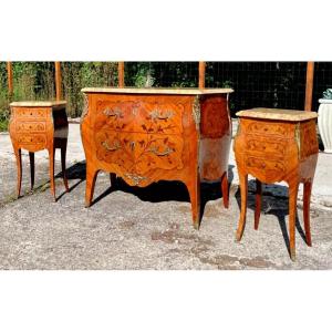 Louis XV Style Chest Of Drawers And 2 Bedside Tables In Very Good Condition - Perfect Marquetry 