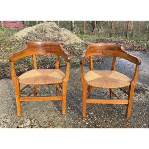 2 19th Century Walnut Straw Basket Armchairs 