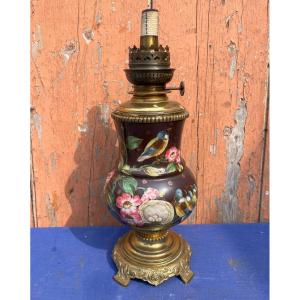 1880 Bronze And Porcelain Lamp With "bird" Painting