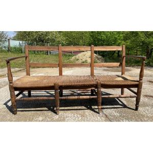Radassier Provençal 3-seater Wooden Straw Bench From The 19th Century, A Little Worn