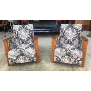 2 Art Deco Armchairs In Wood And Fabric